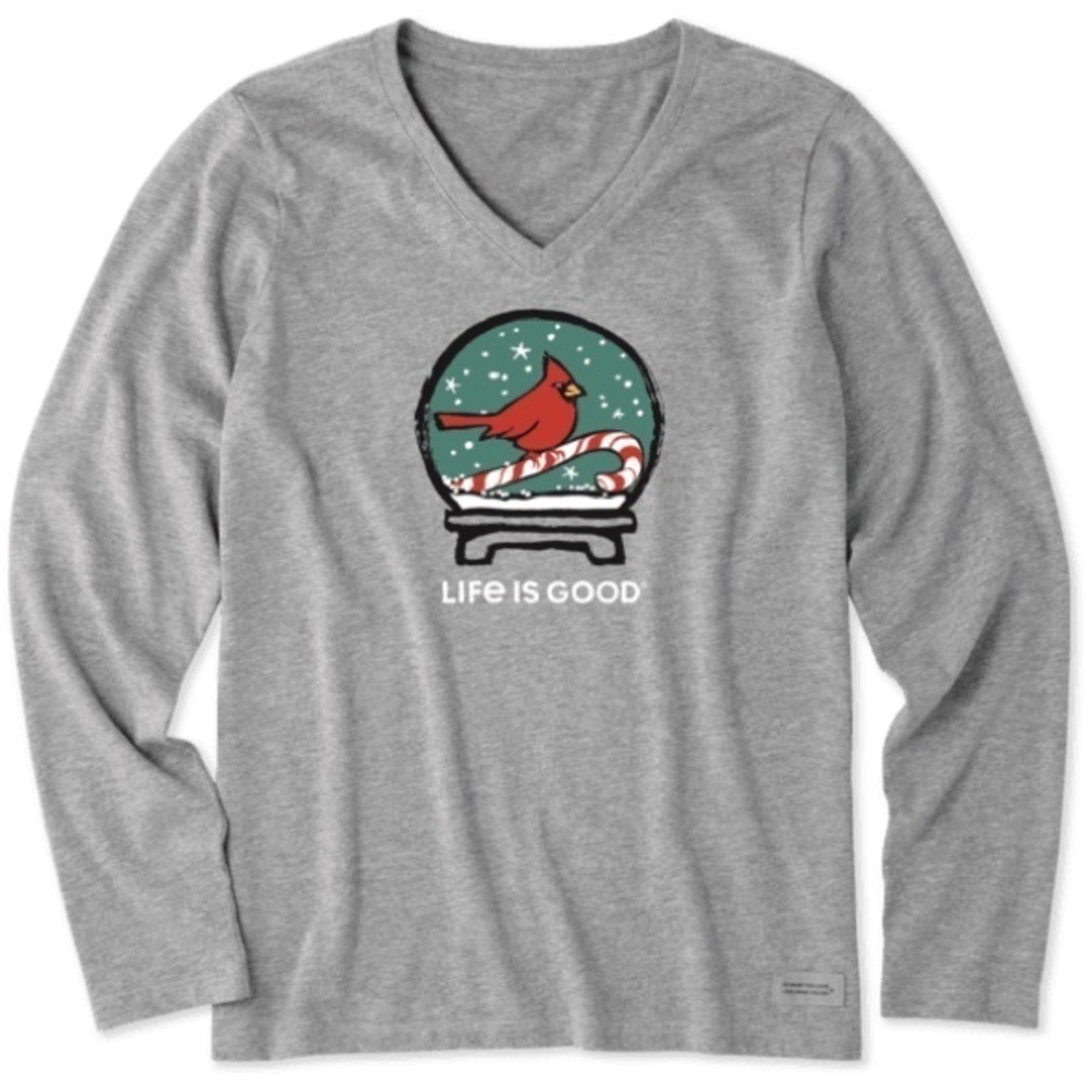 Women’s Life Is Good Grey Snowglobe Cardinal Long Sleeve Shirt Size M
